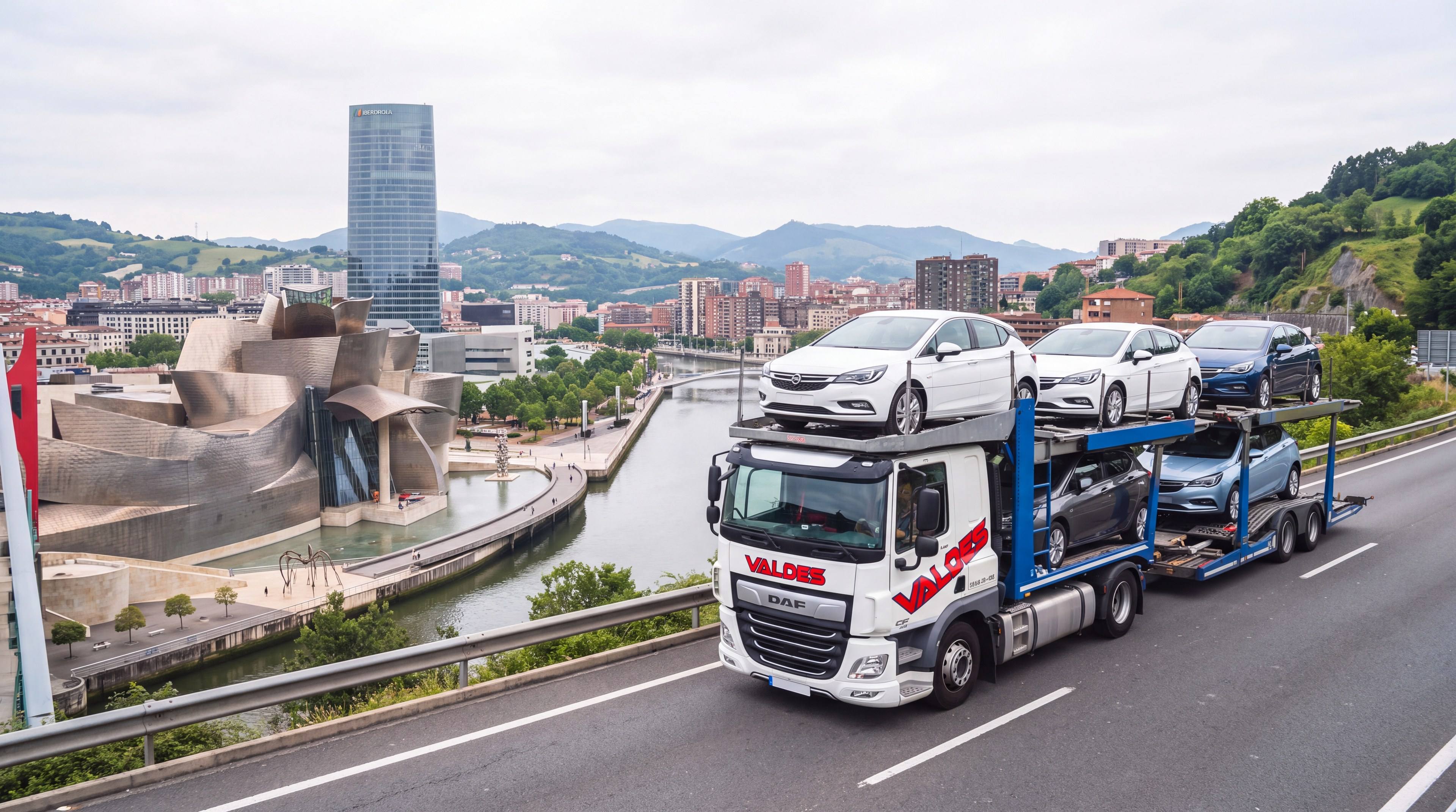 Camión portavehículos de Valdés Express cargado de coches junto a la ría de Bilbao