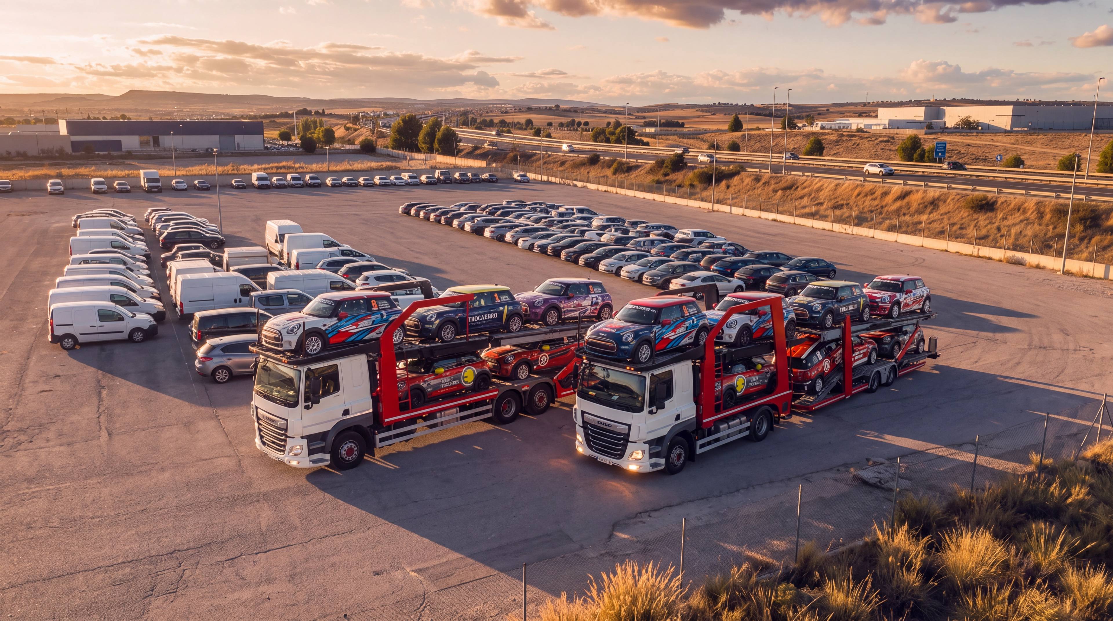 Dos camiones portavehículos cargados aparcados en la campa de Madrid al atardecer, con filas de coches y furgonetas detrás y la autovía al fondo