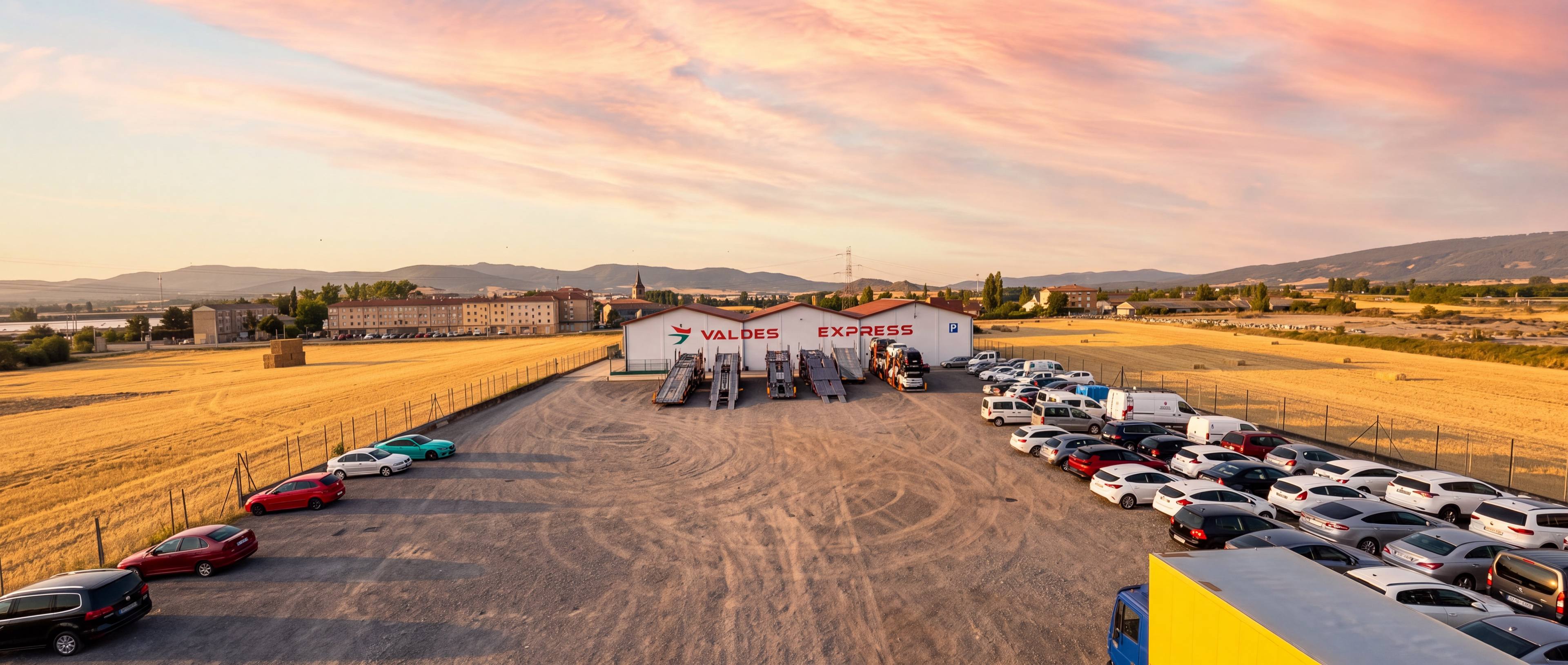 Vista desde el dron de la campa de Valdés Express en Vitoria al atardecer, con la nave al fondo y los coches aparcados a los lados