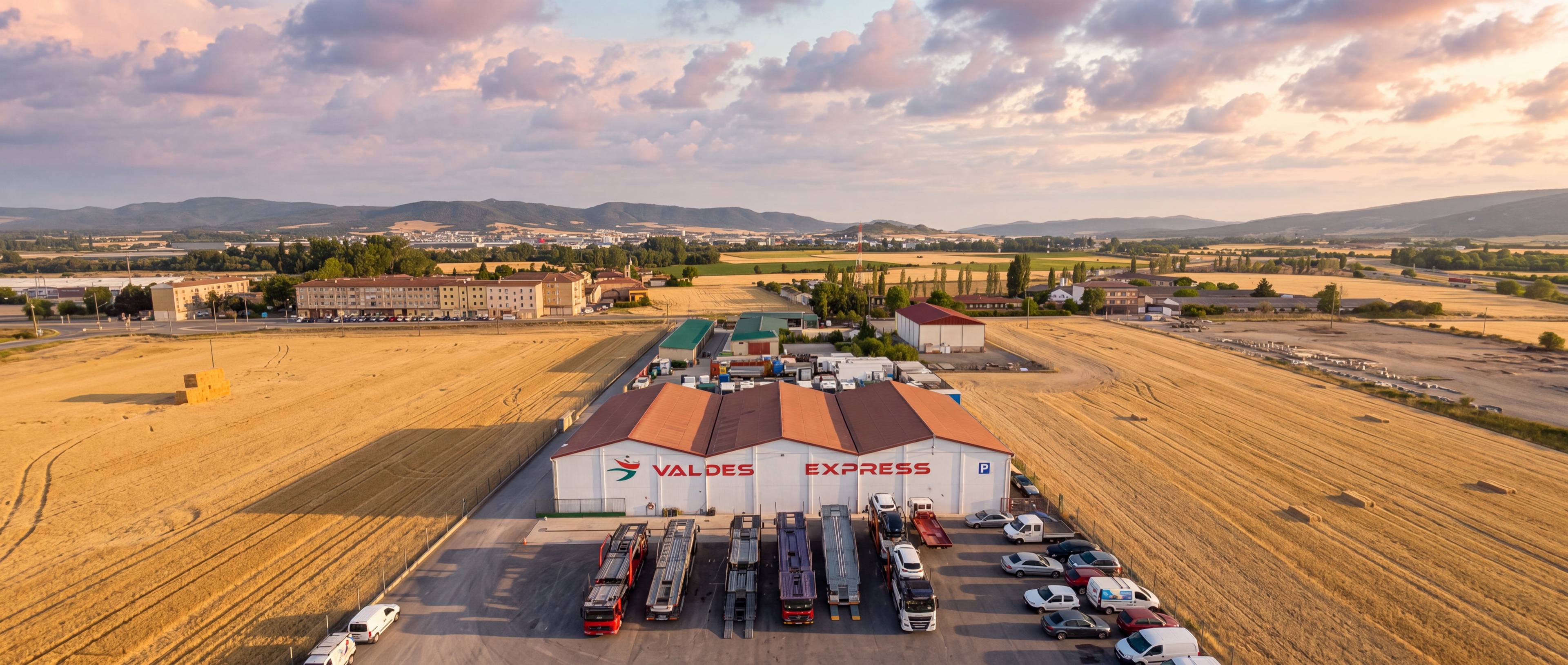 La nave de Valdés Express en Vitoria desde el aire al atardecer, con los remolques portavehículos delante y los campos de cereal alrededor