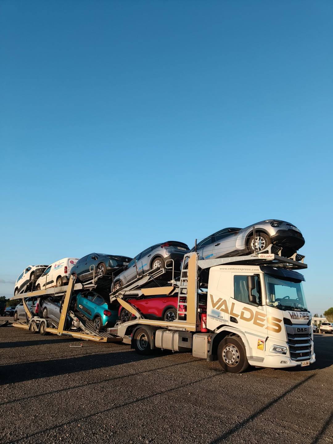 Portavehículos de Valdés Express cargado de coches al atardecer