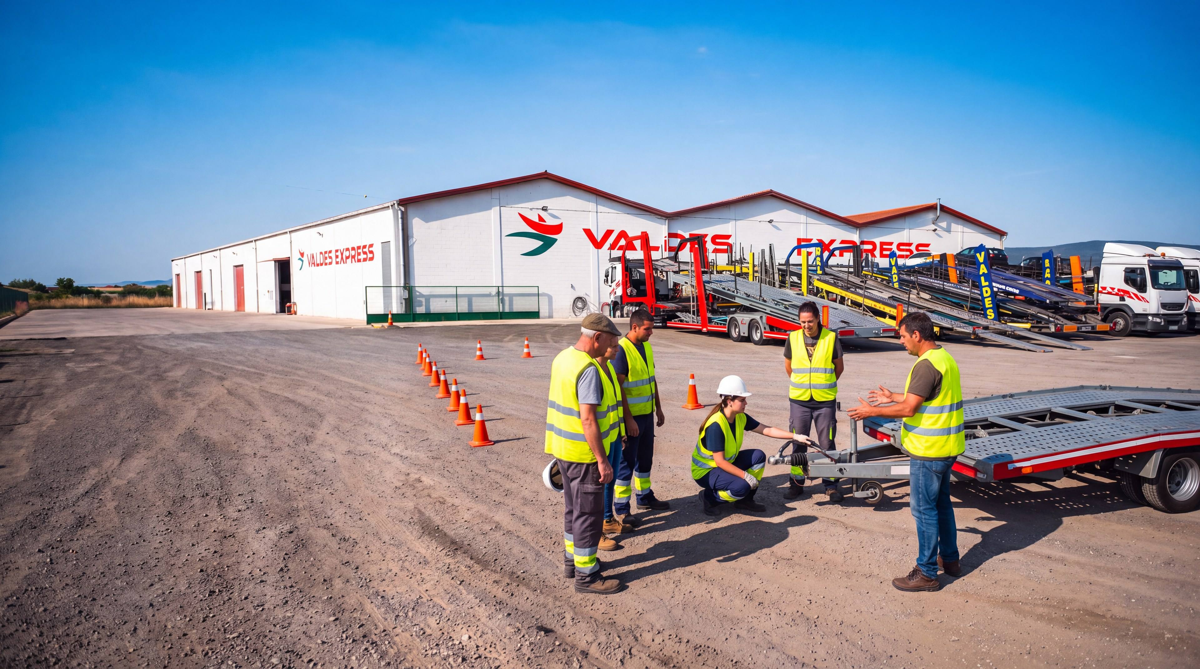 Alumnos con chaleco reflectante en una práctica junto a un remolque, delante de la nave de Valdés Express