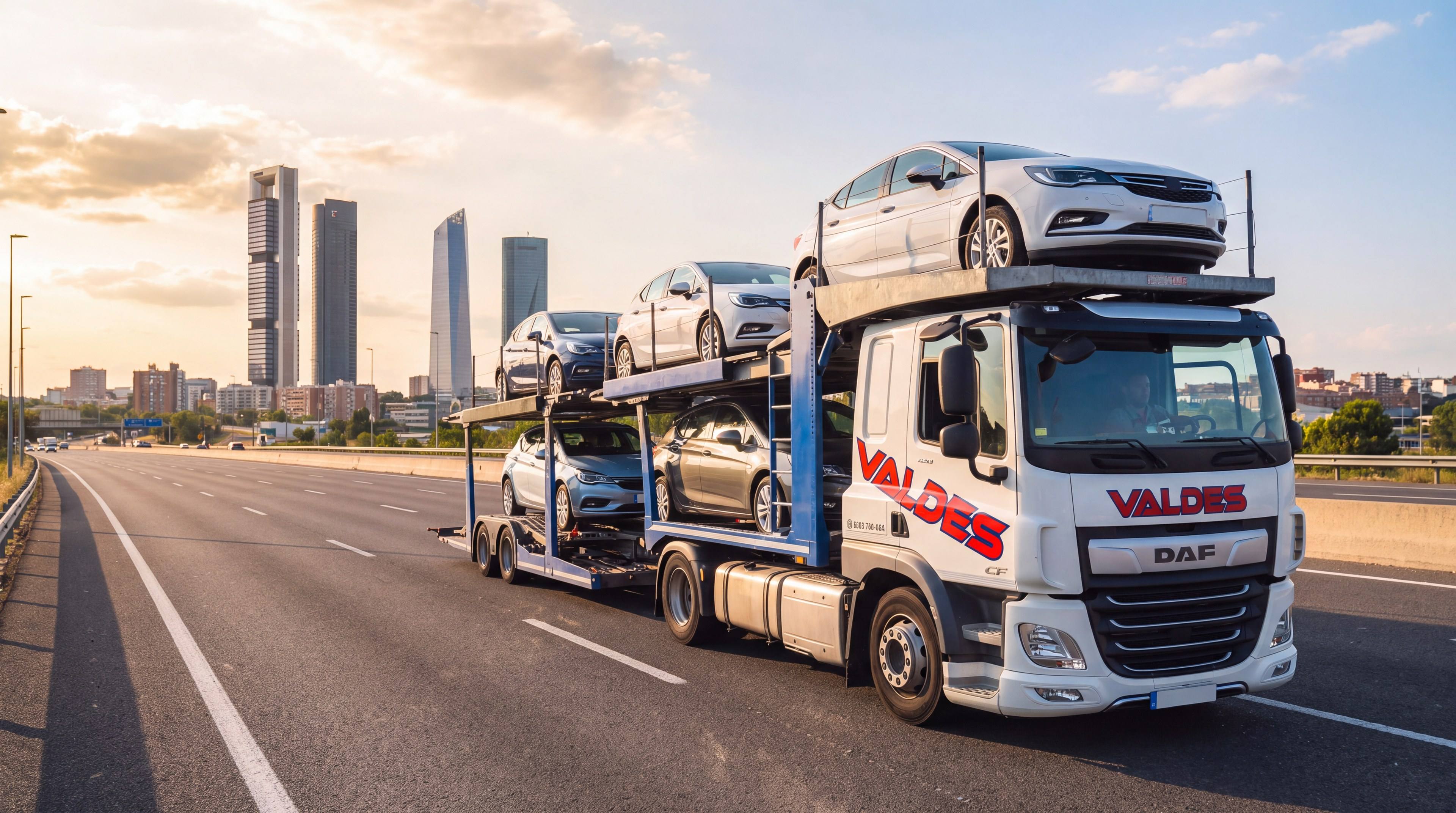 Camión portavehículos de Valdés Express cargado de coches en una autovía de Madrid, con las Cuatro Torres al fondo
