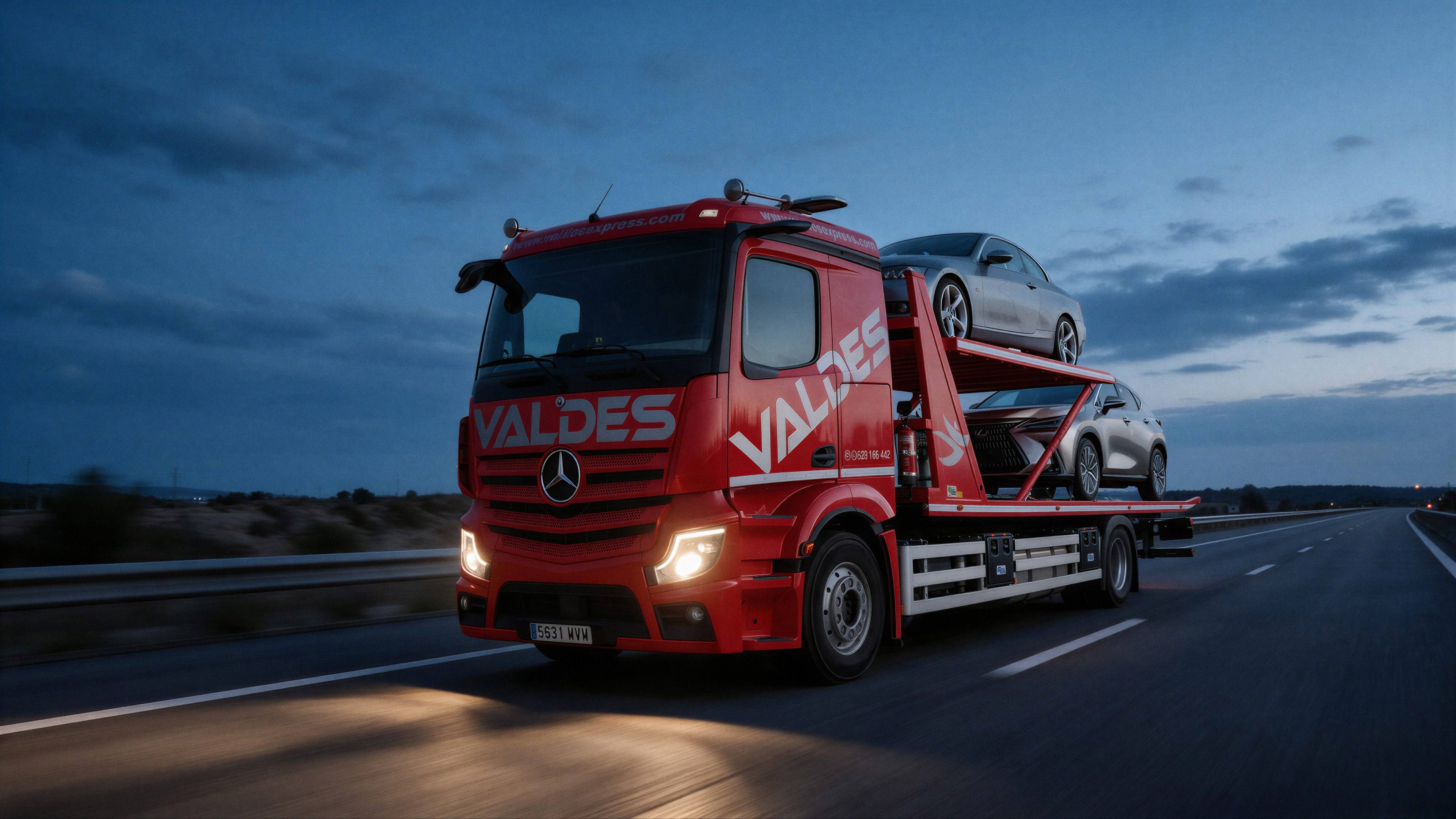 Camión portavehículos rojo de Valdés Express con dos coches cargados, en carretera