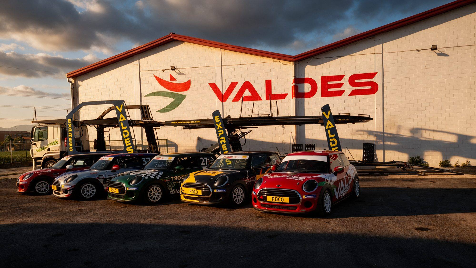 Coches de competición delante de la nave de Valdés Express