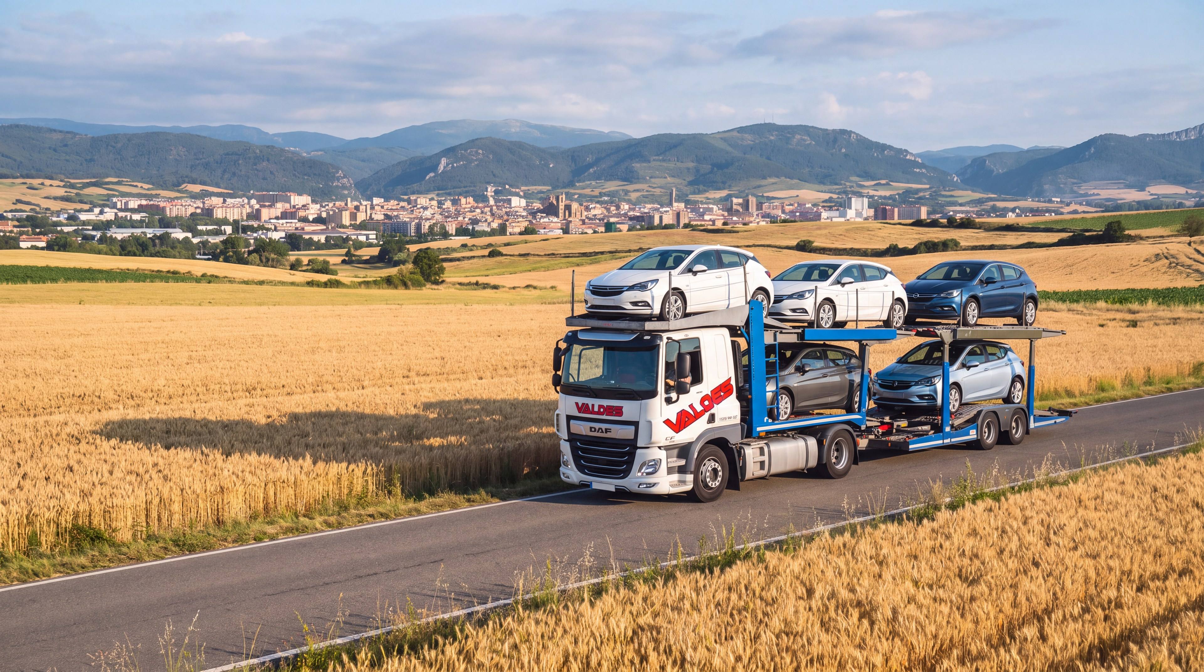 Camión portavehículos de Valdés Express entre campos de trigo cerca de Pamplona