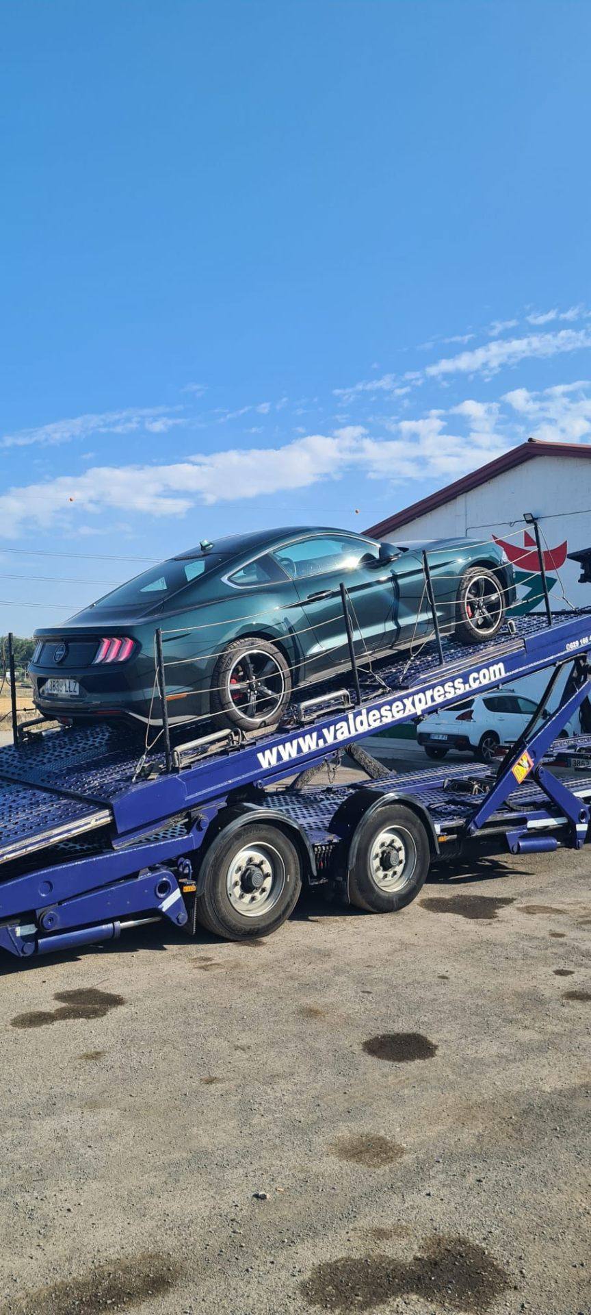 Ford Mustang verde subido al remolque portavehículos de Valdés Express