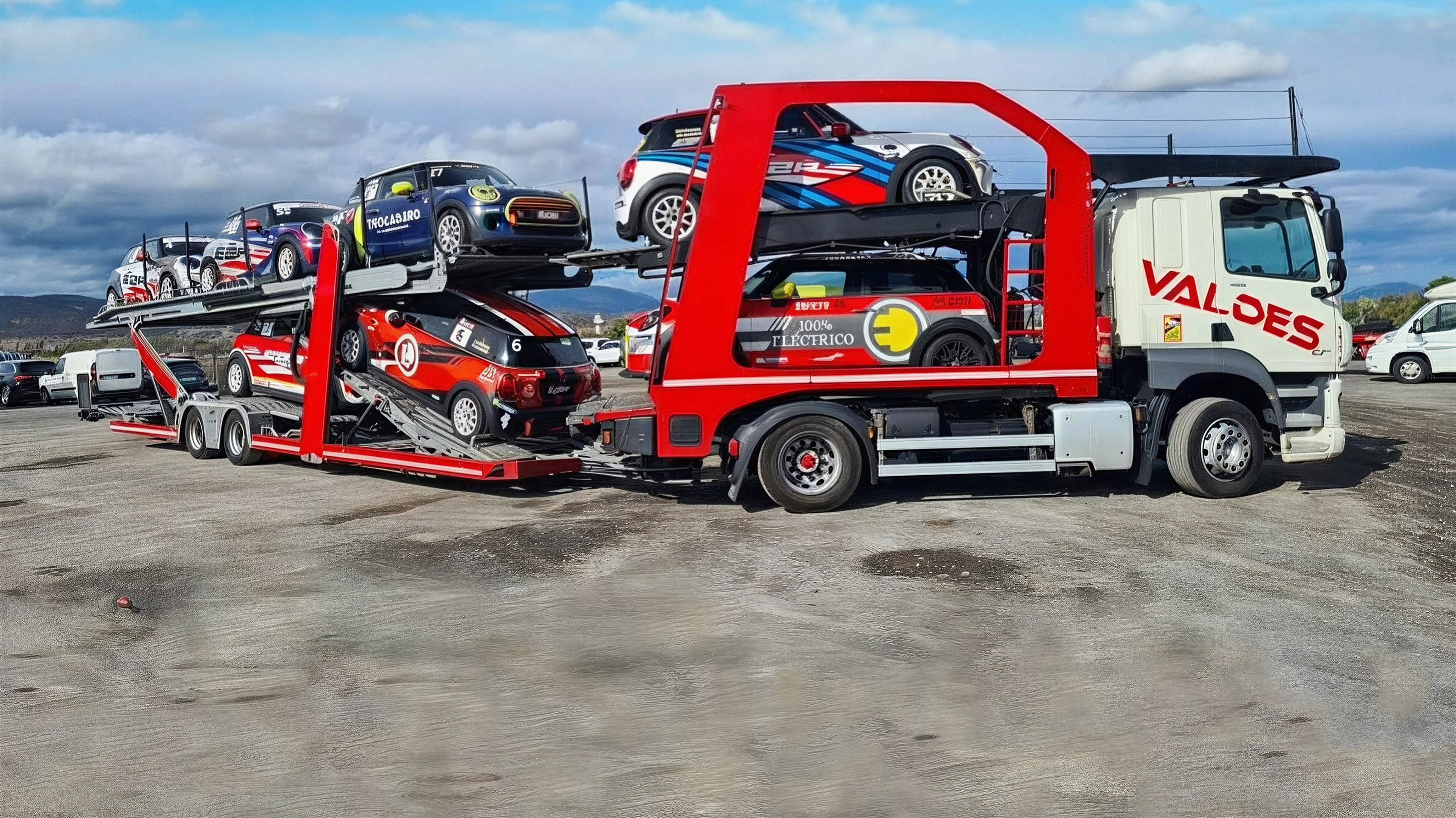 Camión portavehículos rojo de Valdés Express cargado con coches de competición