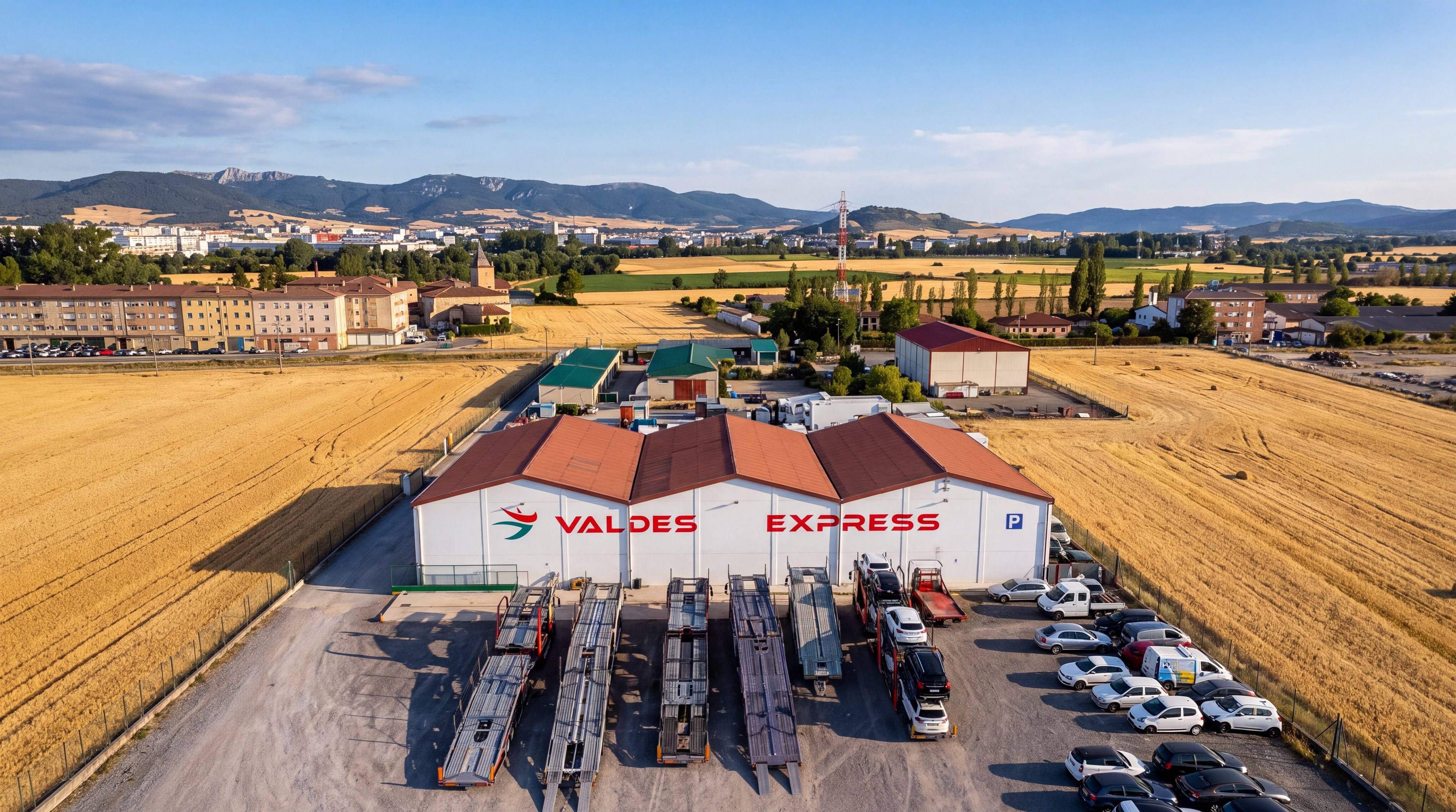 Vista aérea de la nave y la campa de Valdés Express en Vitoria, entre campos de cereal